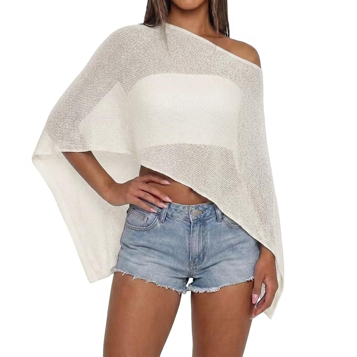 Women Sheer Knit Poncho Top Beach Cover Up Lightweight Crochet Shrug Y2k Summer